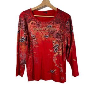 Women's Rose Rouge Floral Y2K 3/4 Sleeve Shirt Red Size L